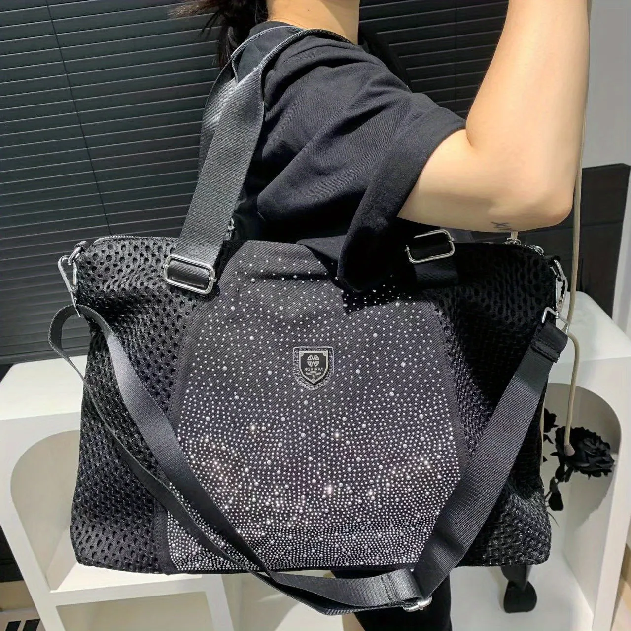 Large Capacity Women's Fashion Sports Mesh Rhinestone Tote Bag with Detachable Shoulder Strap, Zipper Closure, Nylon Material, Polyester Lining, Casual Vacation Travel Crossbody Handbag, Dry Clean Only