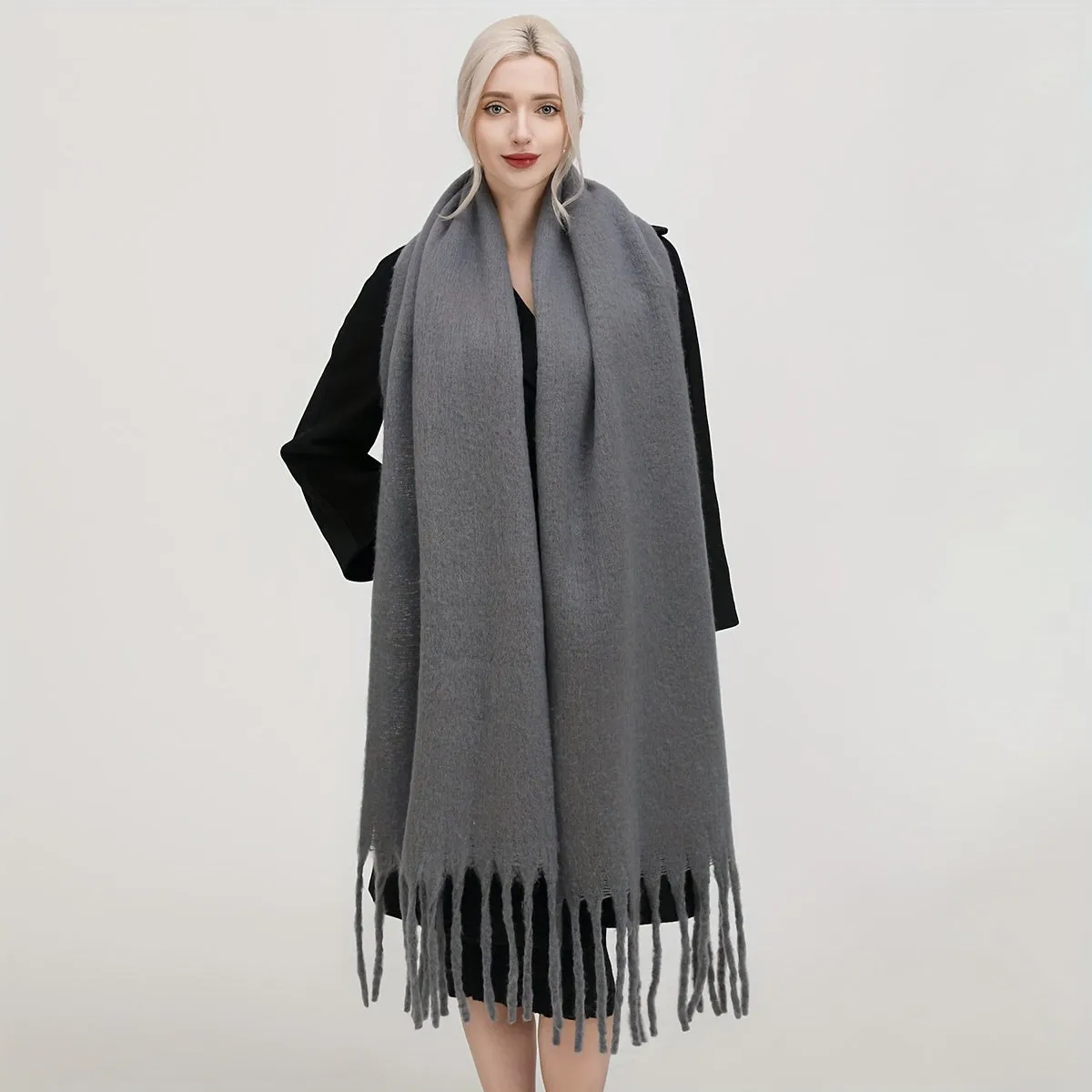 Large Solid Color Chunky Shawl Scarf - Soft, Windproof, Thick, Coldproof, and Warm Wrap for Women - Perfect for Autumn and Winter, Mature, Casual, Inelastic, Polyester, No Feathers, Basics