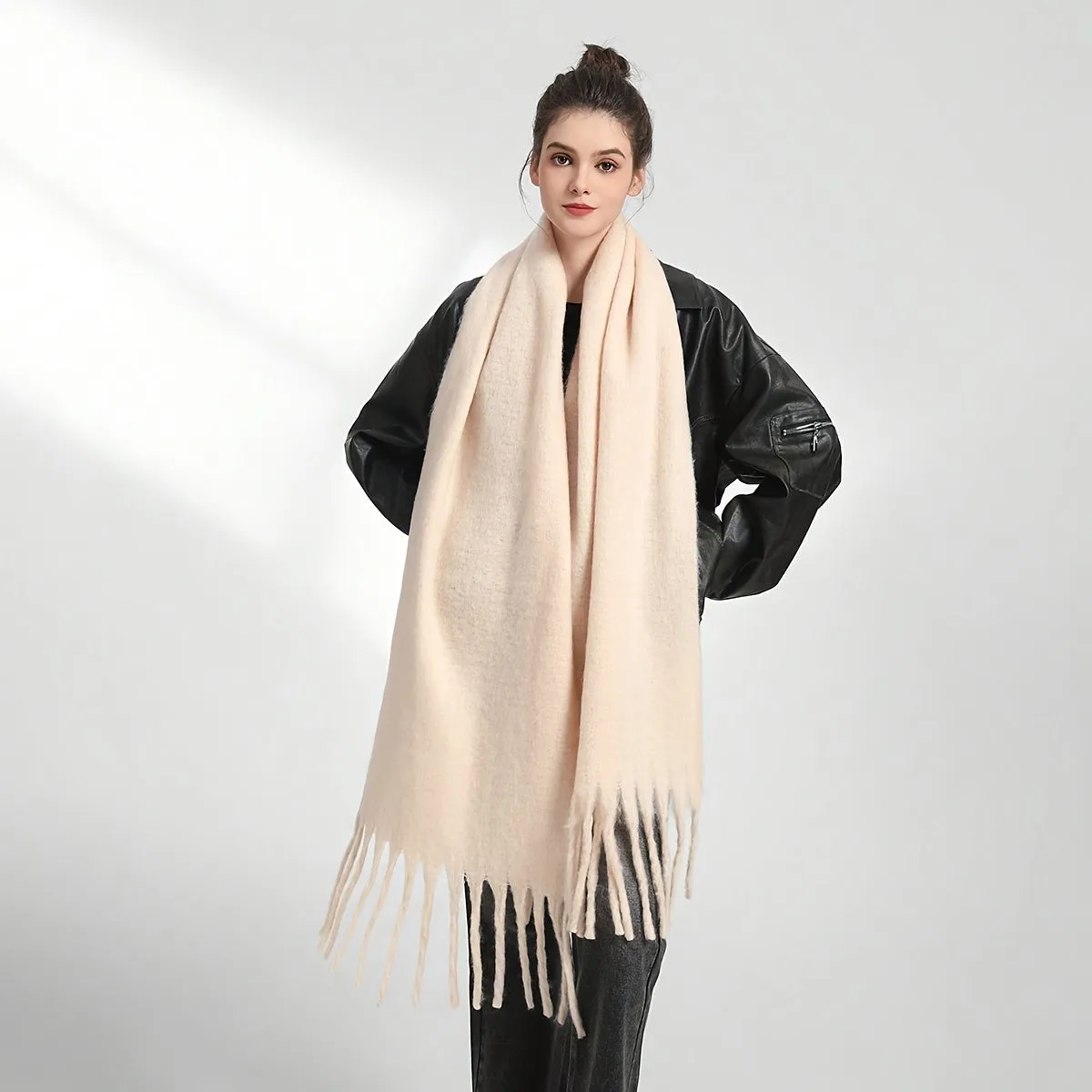 Large Solid Color Chunky Shawl Scarf - Soft, Windproof, Thick, Coldproof, and Warm Wrap for Women - Perfect for Autumn and Winter, Mature, Casual, Inelastic, Polyester, No Feathers, Basics