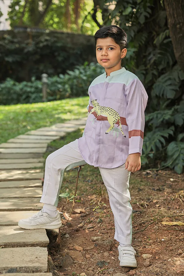 Lavender Short Shirt Kurta and Off-White and Mint Green Pants Set for Boys