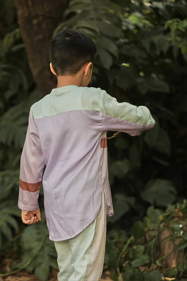 Lavender Short Shirt Kurta and Off-White and Mint Green Pants Set for Boys