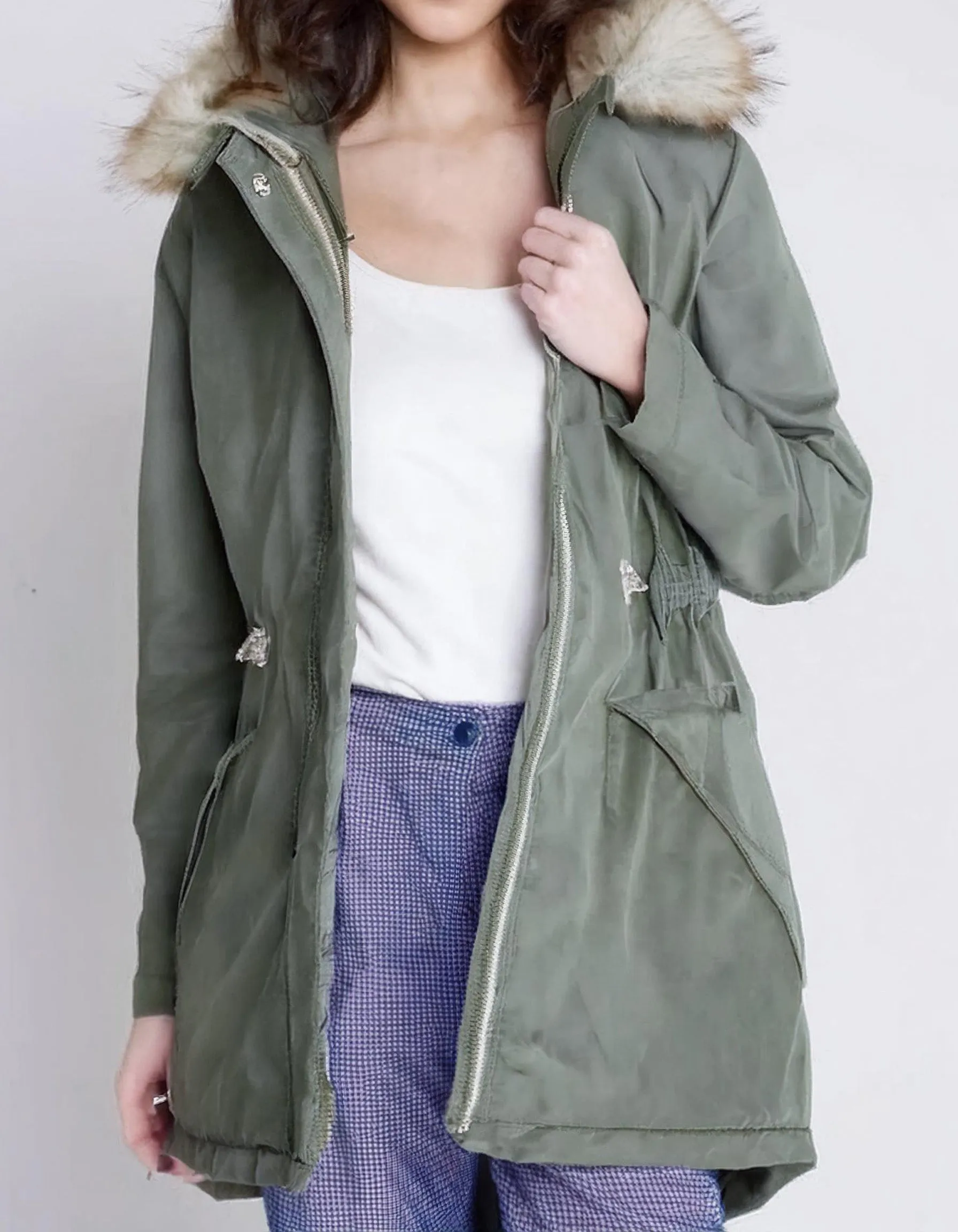 Light Olive Casual Parka with Faux Fur Hood