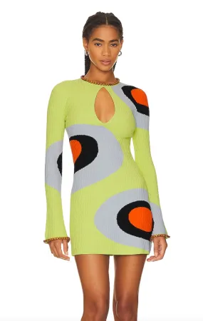 Lime Psychedelic Mini Dress with Wooden Beads