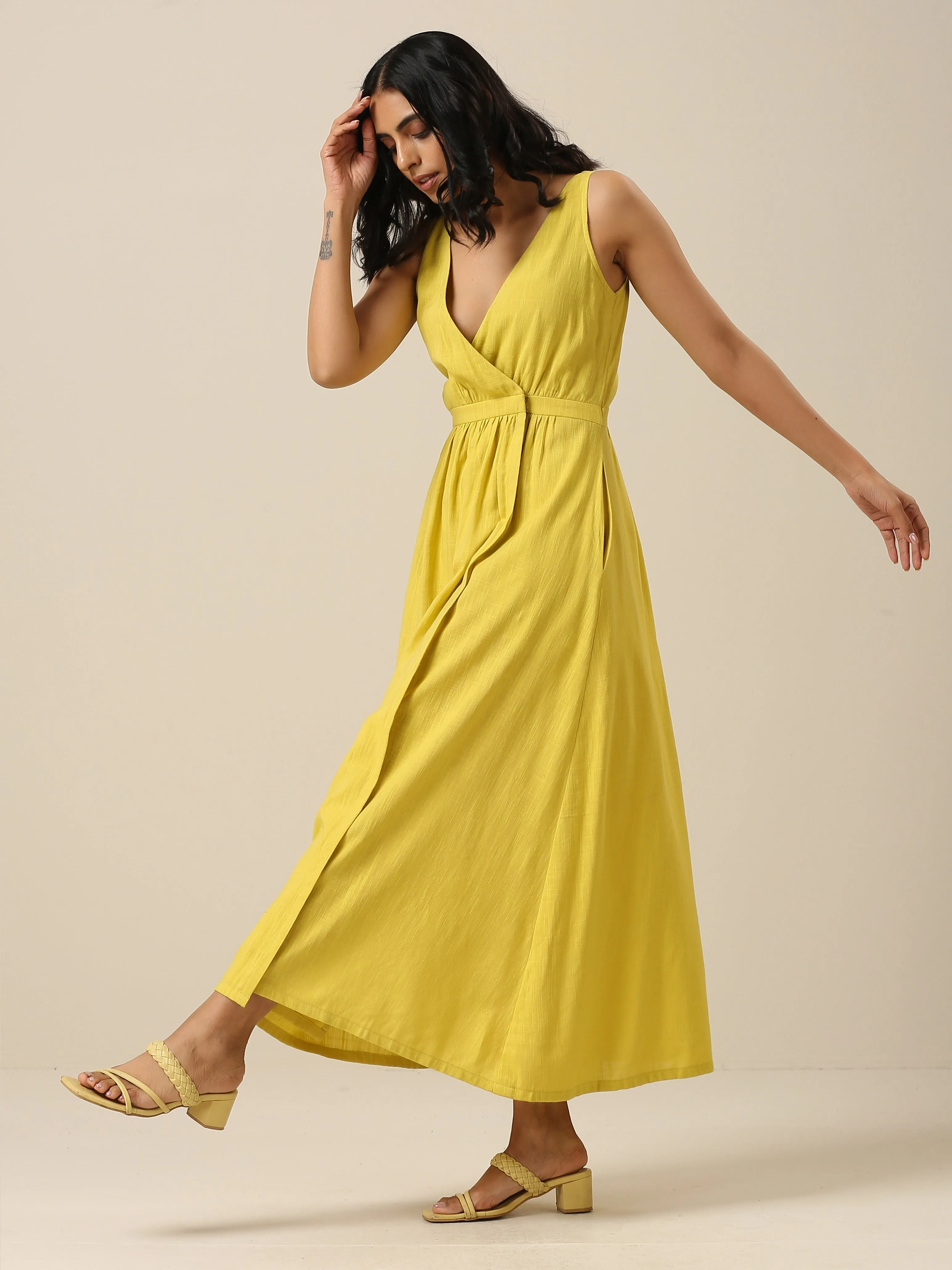 Lime Slub Texture Sleeveless Wrap Dress