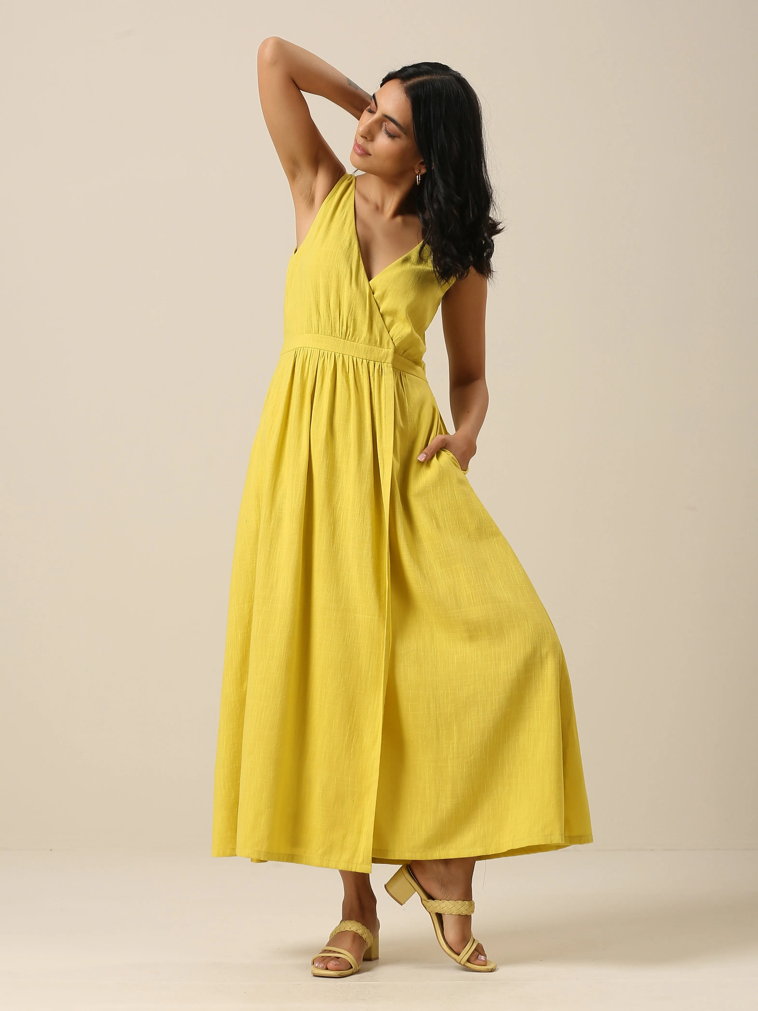 Lime Slub Texture Sleeveless Wrap Dress