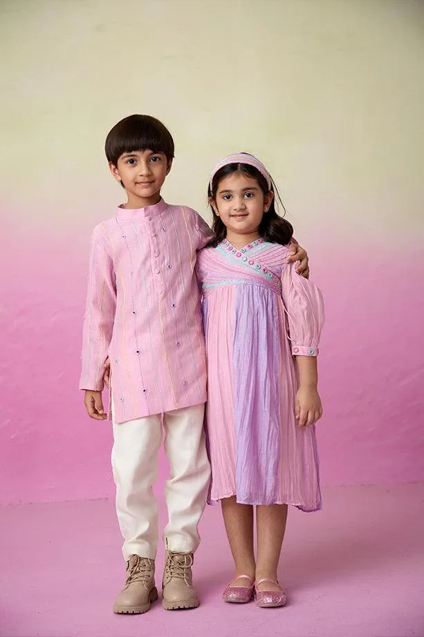 Little Athlete- Orchid Pink Hand Embroidered Kurta & Pants Set for Boys