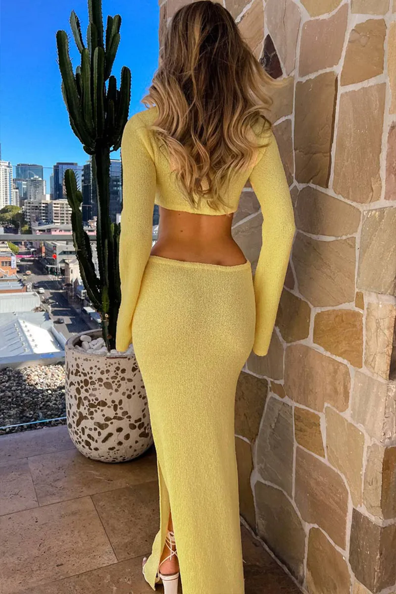 Long Sleeve Slit Hem Knit Cutout Maxi Dress