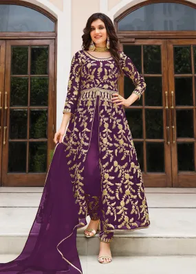 Lovely Plum Purple Designer Front Slit Anarkali Dress