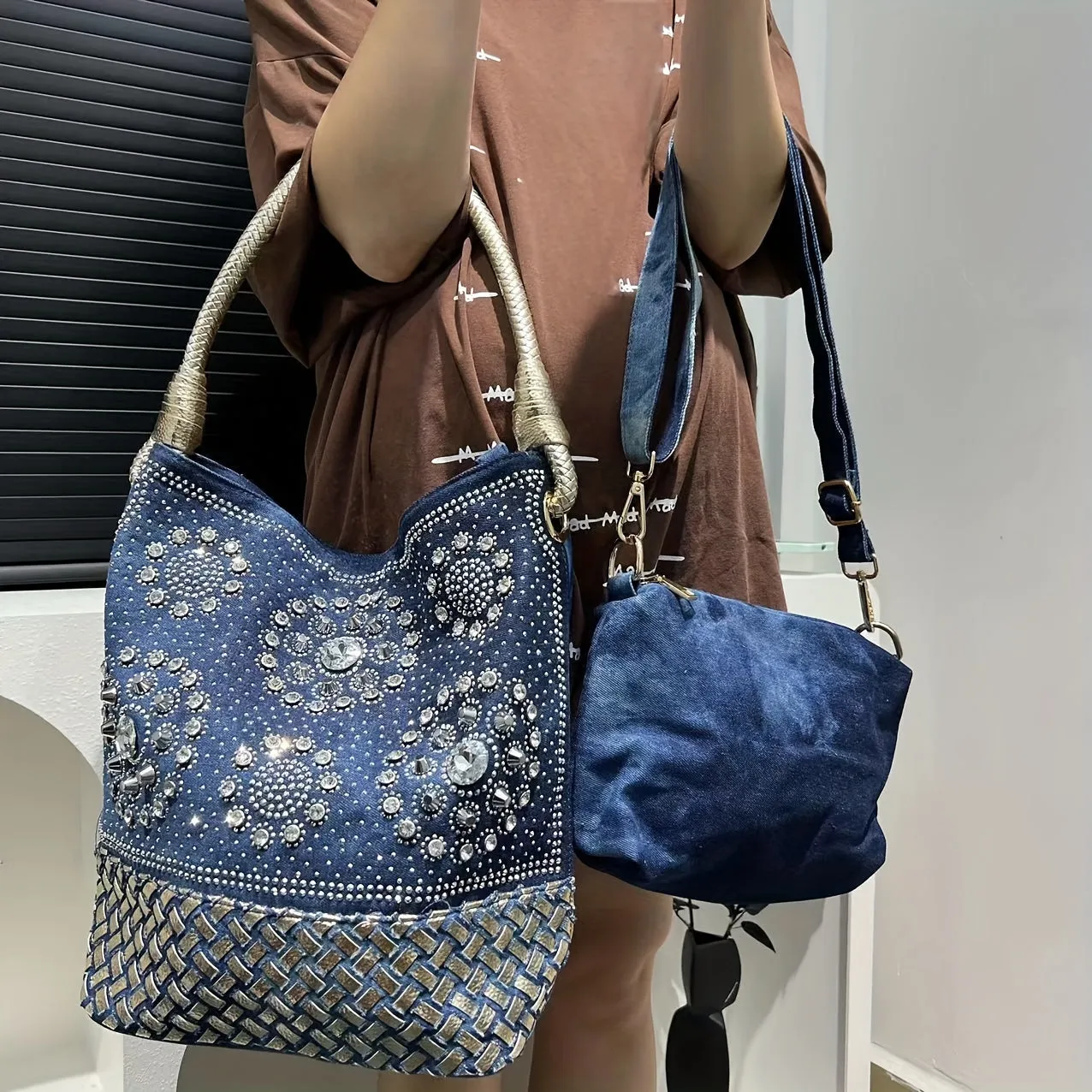 Luxurious Floral Rhinestone Denim Tote Bag - Spacious Large Capacity, Stylish Crossbody Shoulder Handbag with Polyester Lining, Random Print, Zip Closure, Removable Strap, and Elegant Style for Women's Fashion