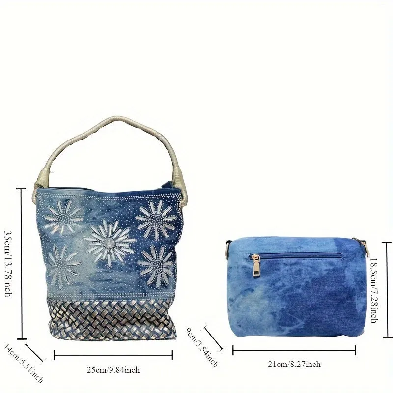 Luxurious Floral Rhinestone Denim Tote Bag - Spacious Large Capacity, Stylish Crossbody Shoulder Handbag with Polyester Lining, Random Print, Zip Closure, Removable Strap, and Elegant Style for Women's Fashion