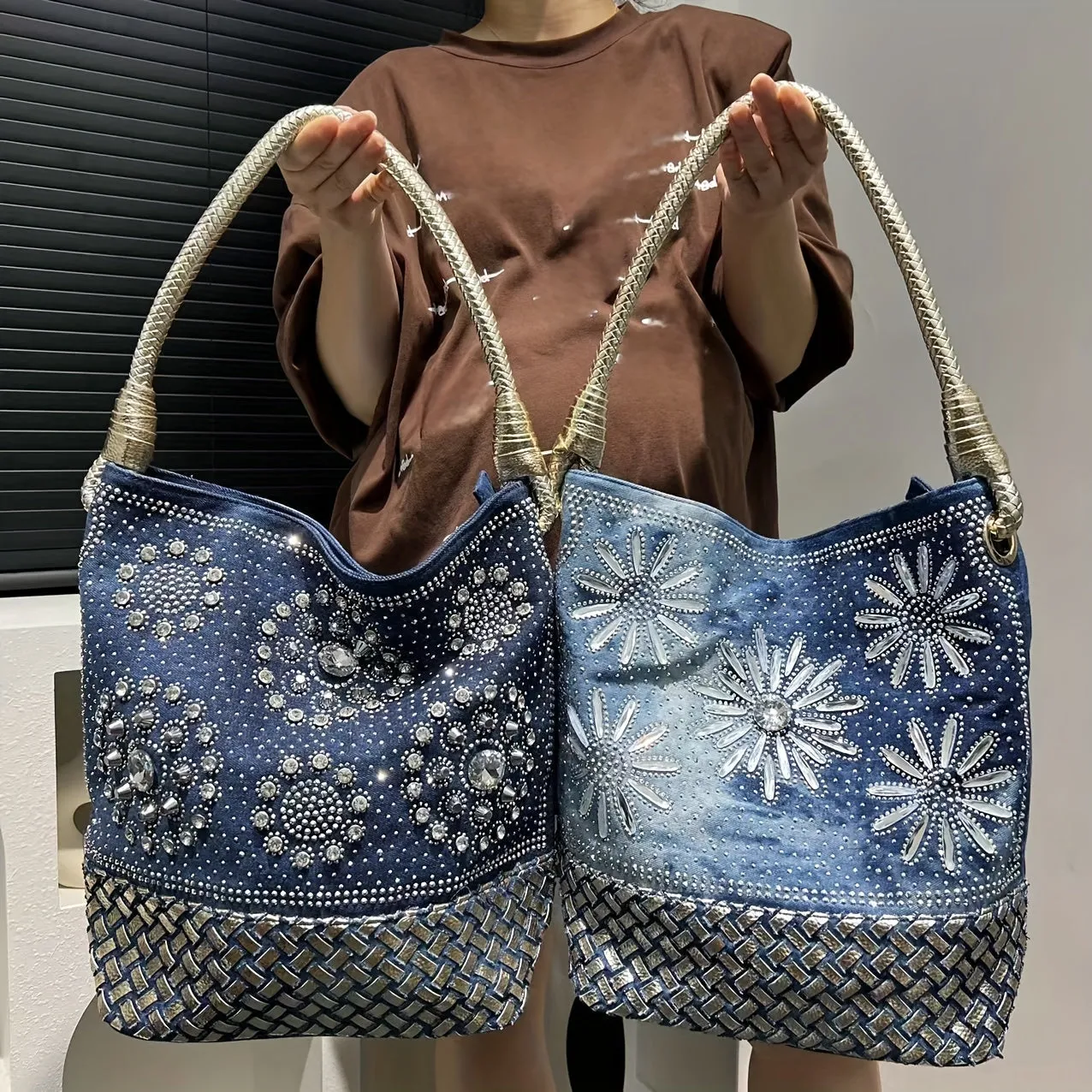 Luxurious Floral Rhinestone Denim Tote Bag - Spacious Large Capacity, Stylish Crossbody Shoulder Handbag with Polyester Lining, Random Print, Zip Closure, Removable Strap, and Elegant Style for Women's Fashion