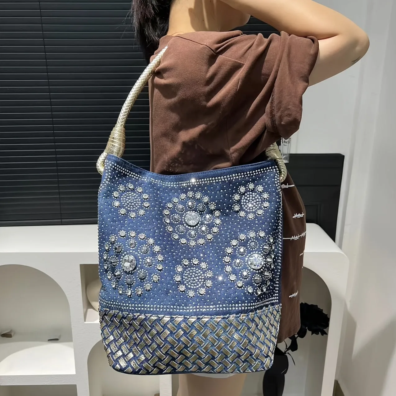 Luxurious Floral Rhinestone Denim Tote Bag - Spacious Large Capacity, Stylish Crossbody Shoulder Handbag with Polyester Lining, Random Print, Zip Closure, Removable Strap, and Elegant Style for Women's Fashion