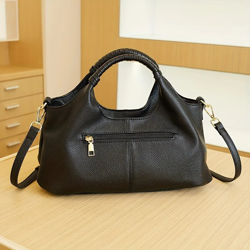 Luxury Black Leather Tote Bag with Golden Hardware - 35cm/13.78in x 17cm/6.69in - Zip Closure - Polyester Lining - Made in Guangzhou