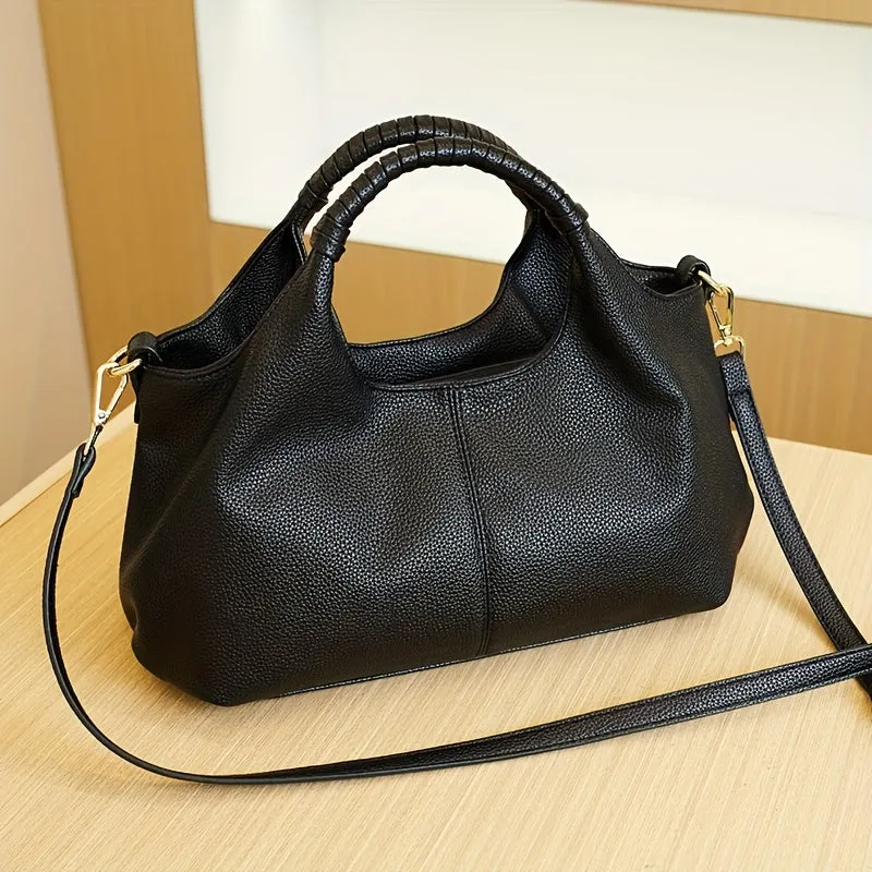 Luxury Black Leather Tote Bag with Golden Hardware - 35cm/13.78in x 17cm/6.69in - Zip Closure - Polyester Lining - Made in Guangzhou