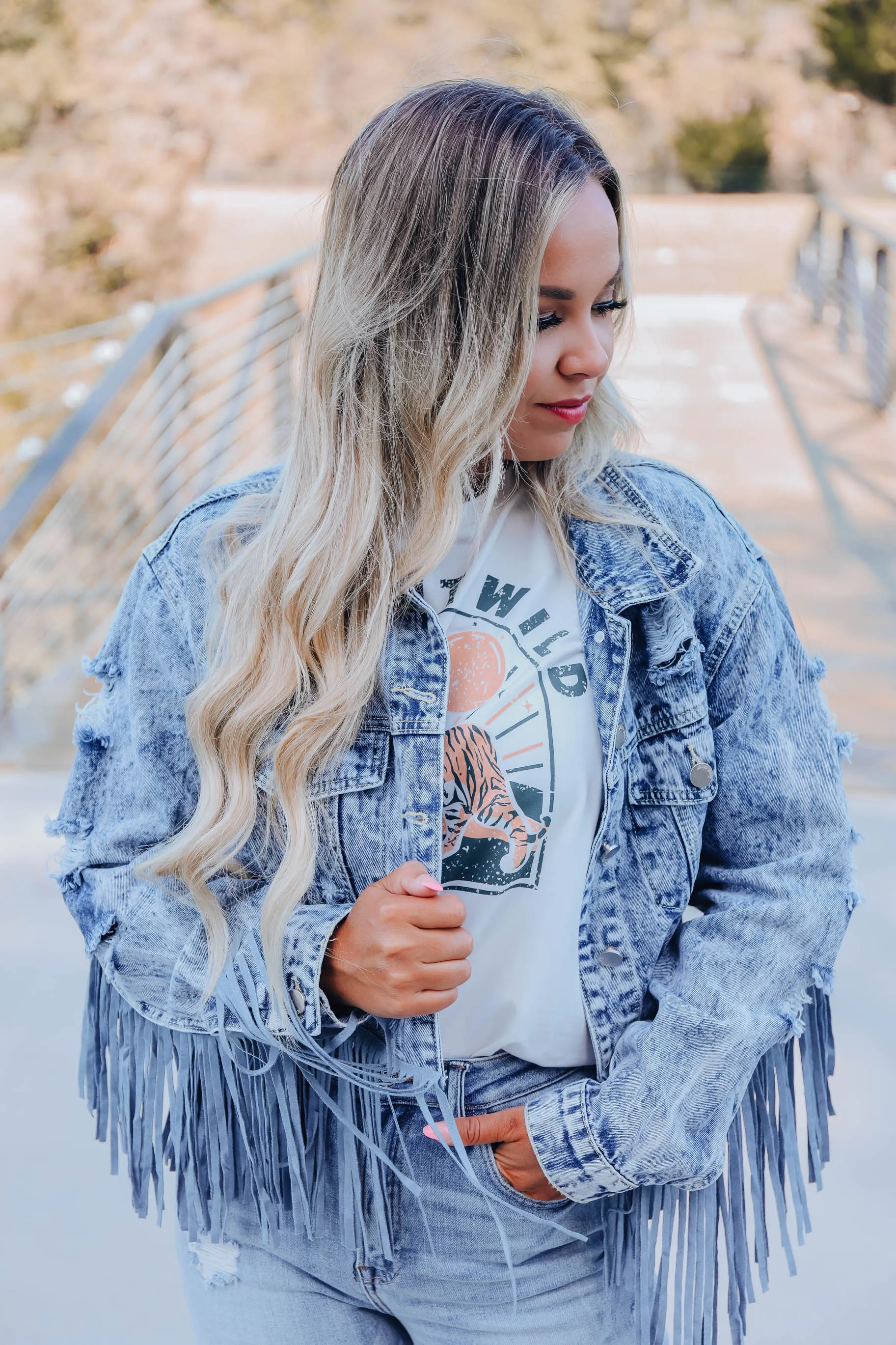 Maren Distressed Fringe Denim Jacket - Blue