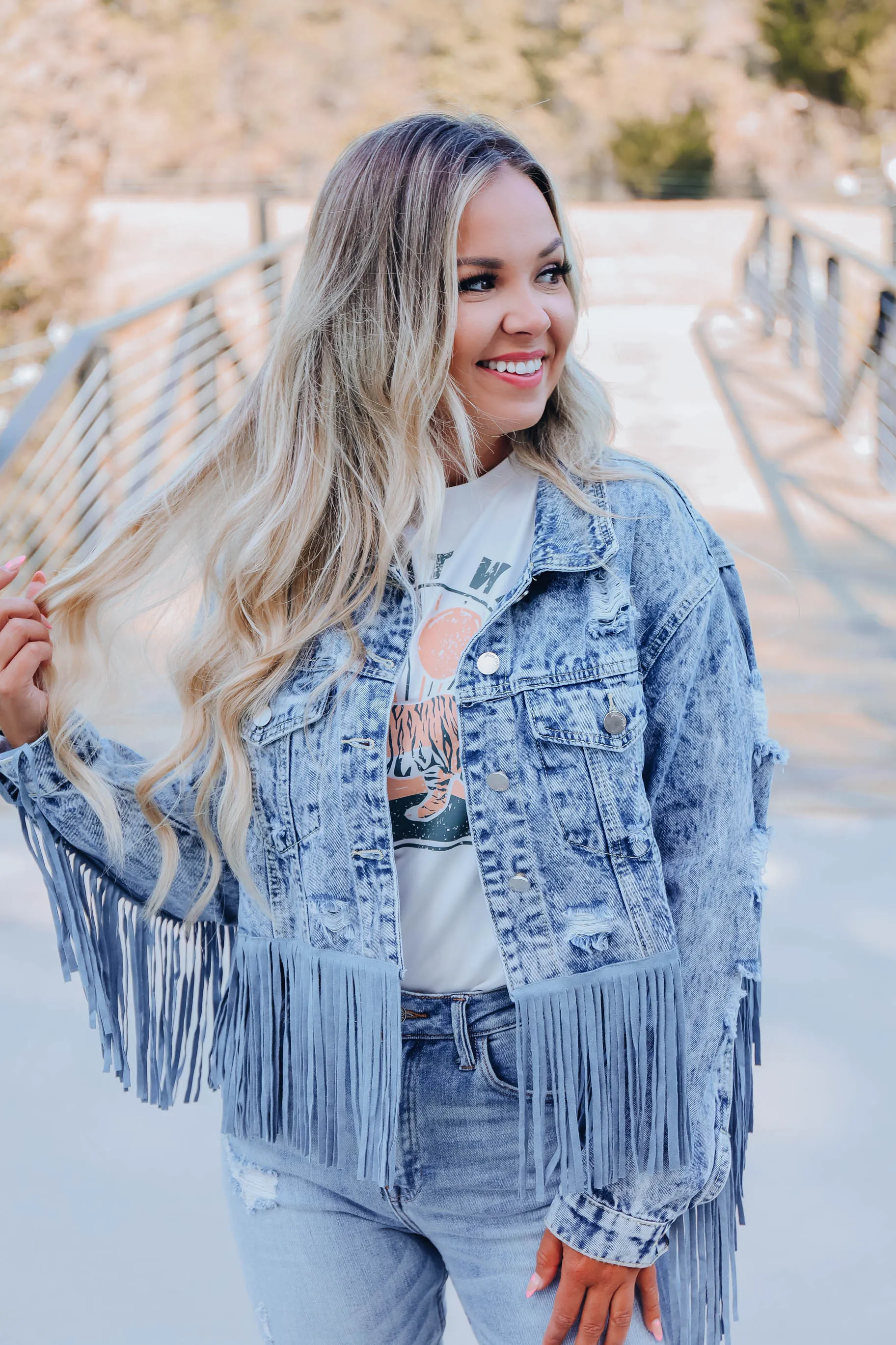 Maren Distressed Fringe Denim Jacket - Blue