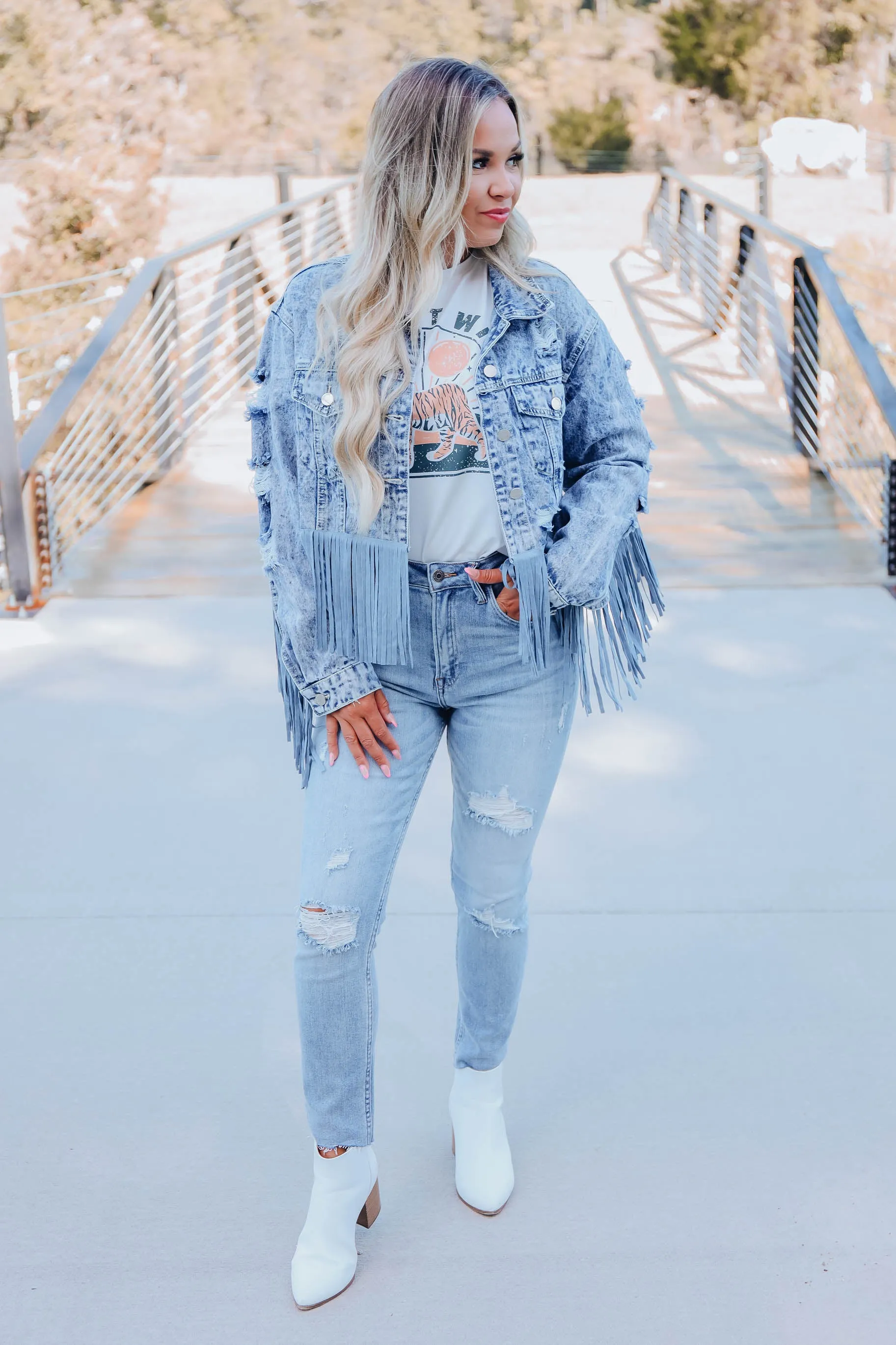 Maren Distressed Fringe Denim Jacket - Blue