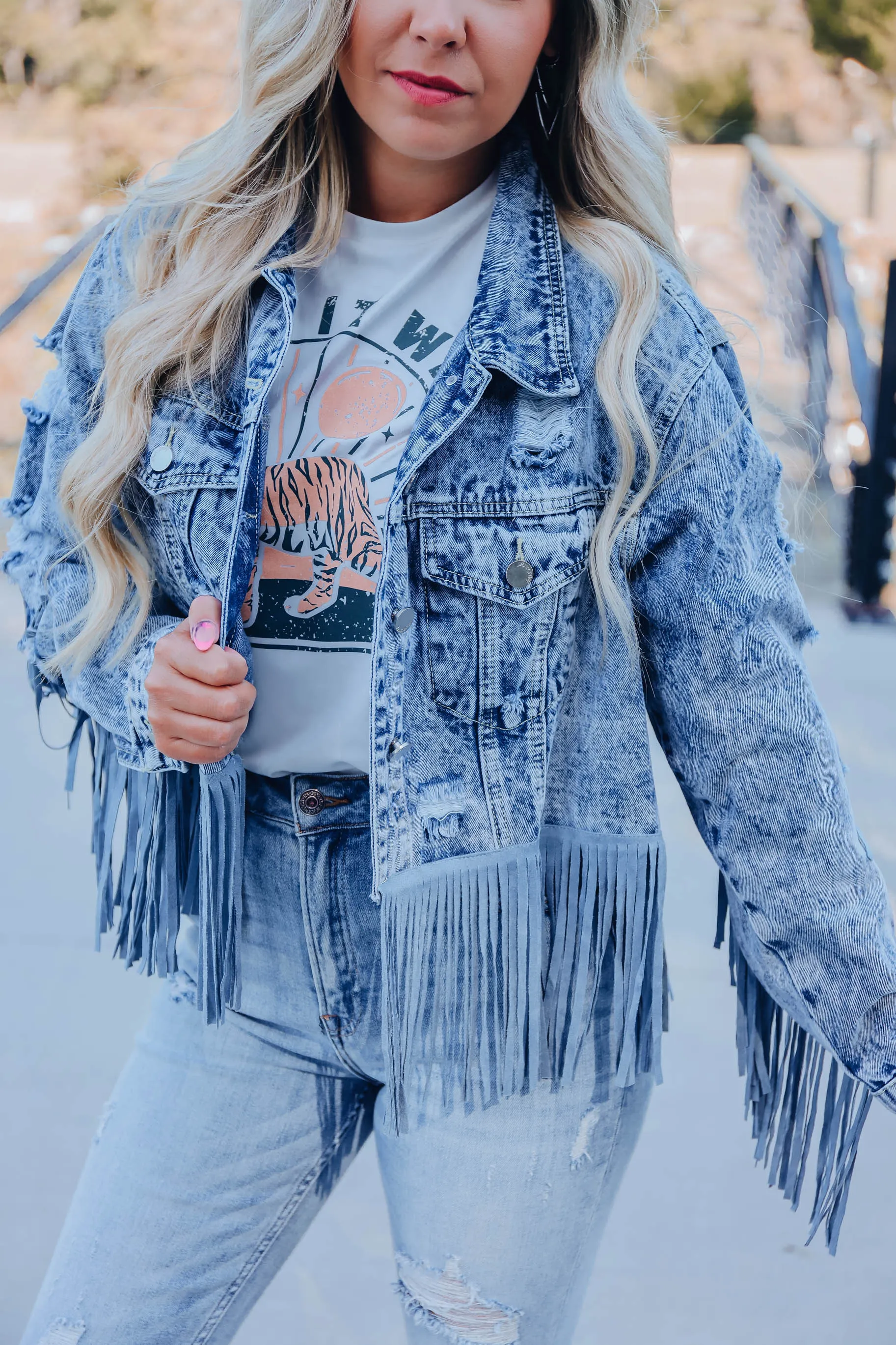 Maren Distressed Fringe Denim Jacket - Blue