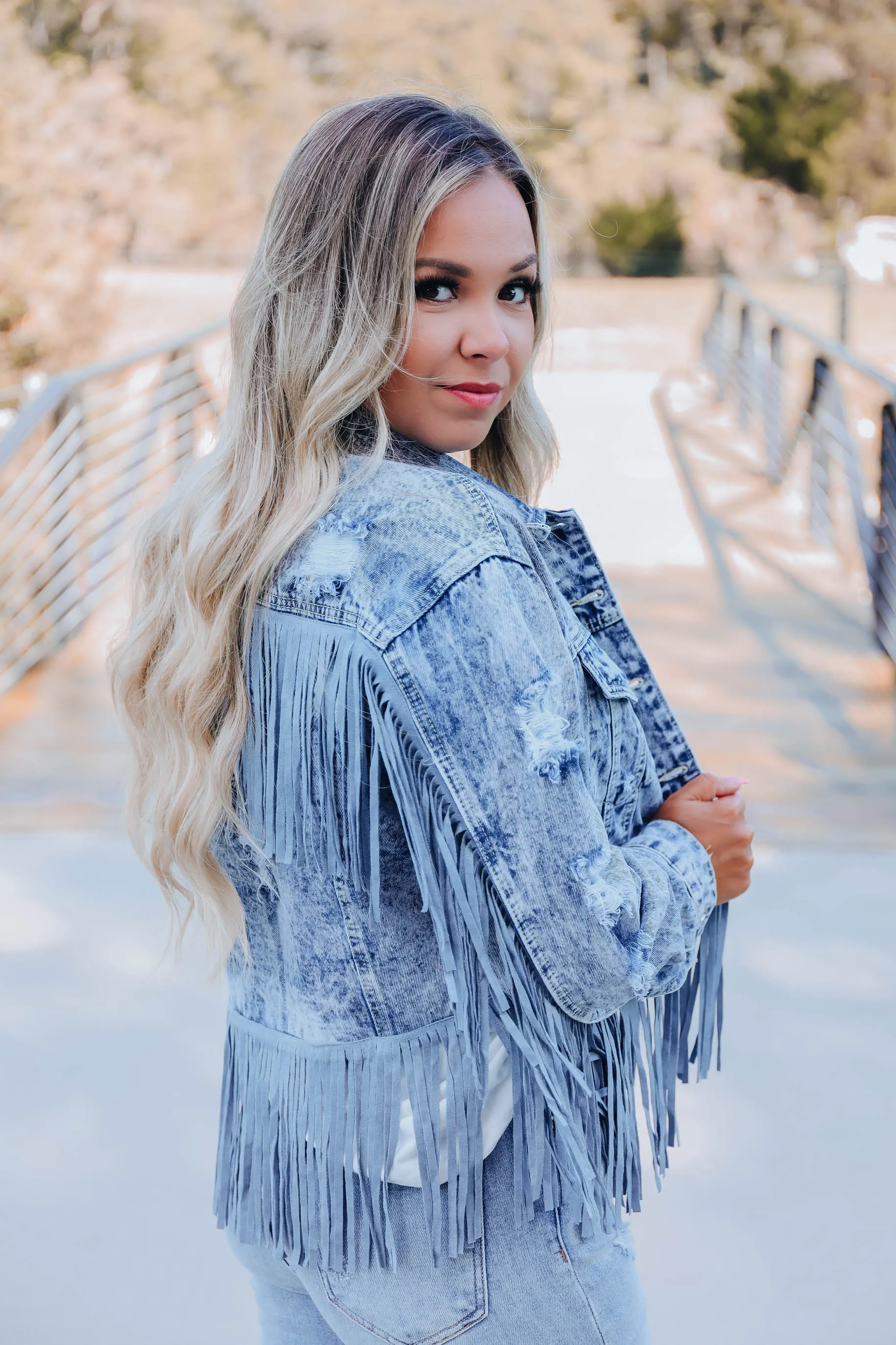 Maren Distressed Fringe Denim Jacket - Blue