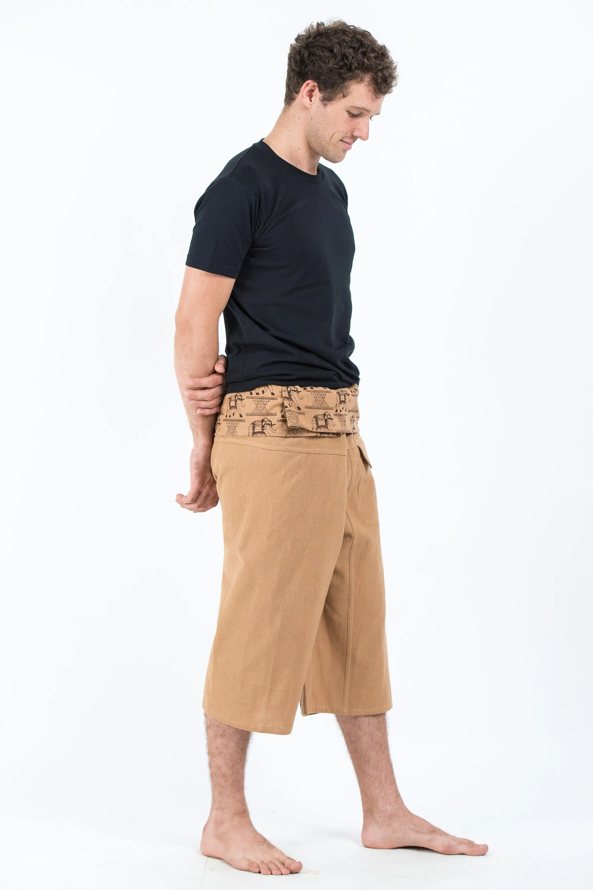 Men's Cropped Fisherman Pants with Pattern Waist Band in Beige