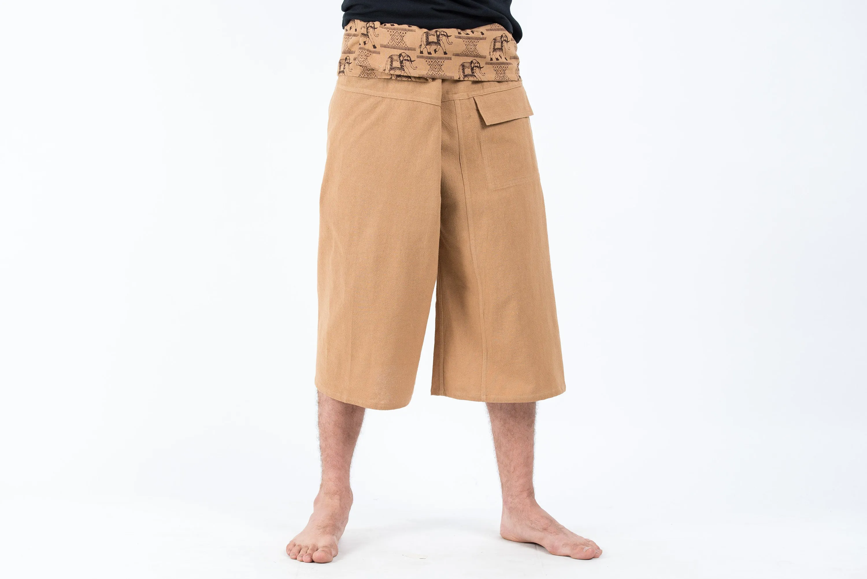 Men's Cropped Fisherman Pants with Pattern Waist Band in Beige