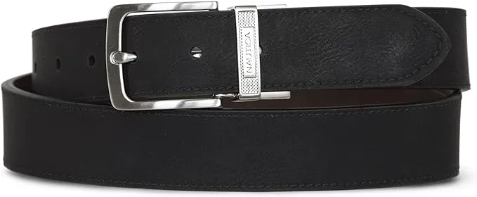 Nautica Men's Engraved Keeper Reversible Leather Casual and Dress Belts with Metal Buckle