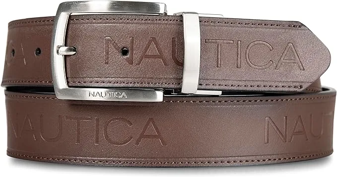 Nautica Men's Nickle Logo Reversible Leather Casual and Dress Belts with Metal Buckle 