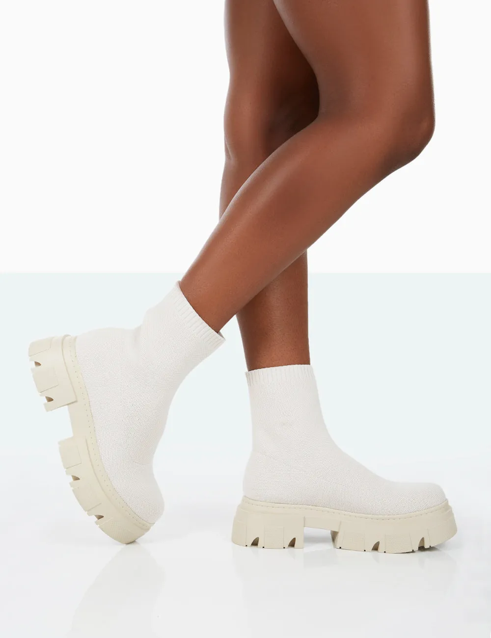 Nola Ecru Knit Platform Chunky Sole Ankle Boots