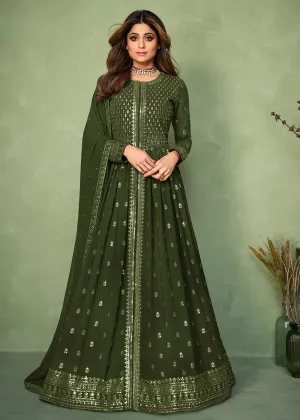 Olive Green Skirt Style Bridesmaids Anarkali Dress