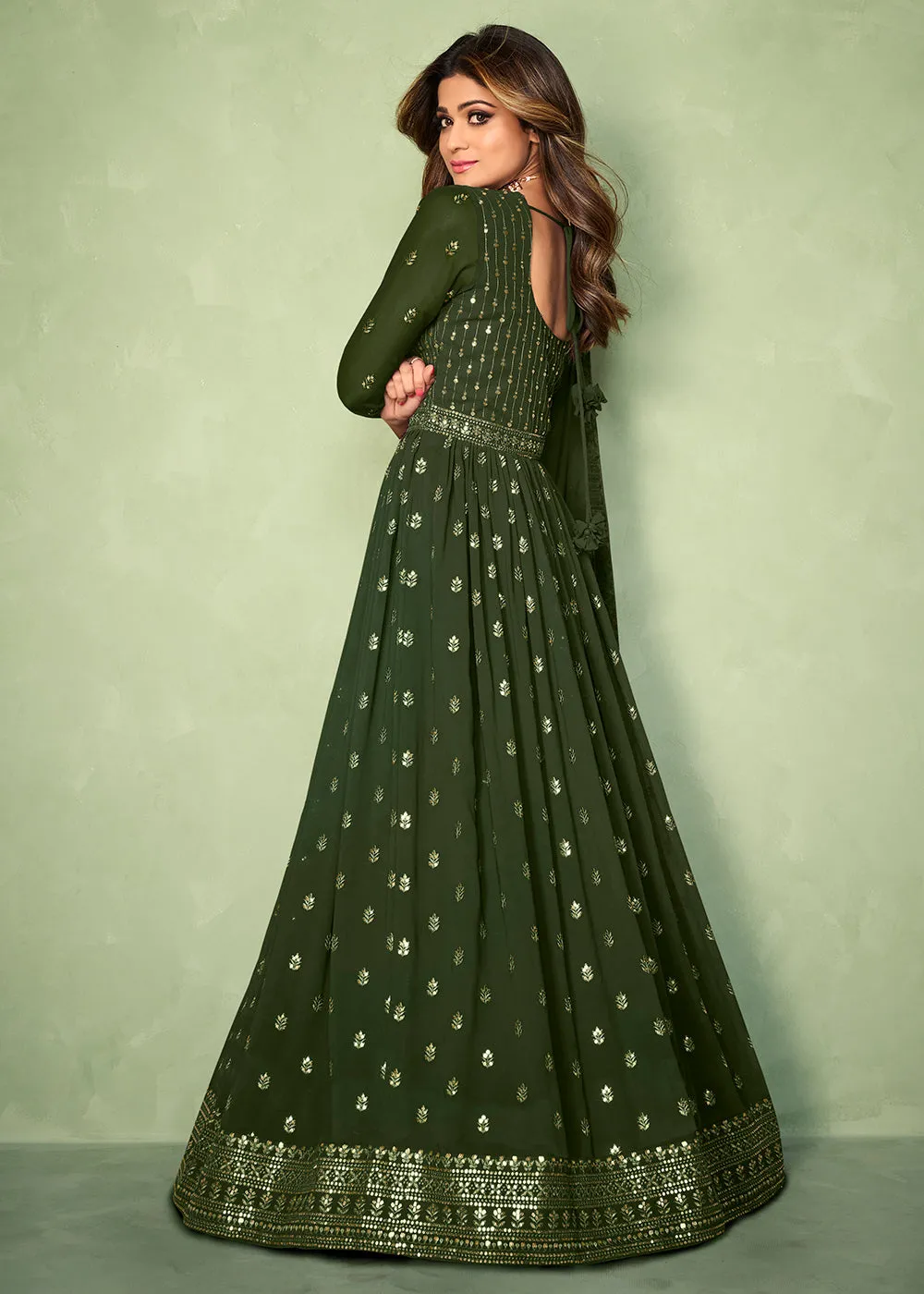 Olive Green Skirt Style Bridesmaids Anarkali Dress