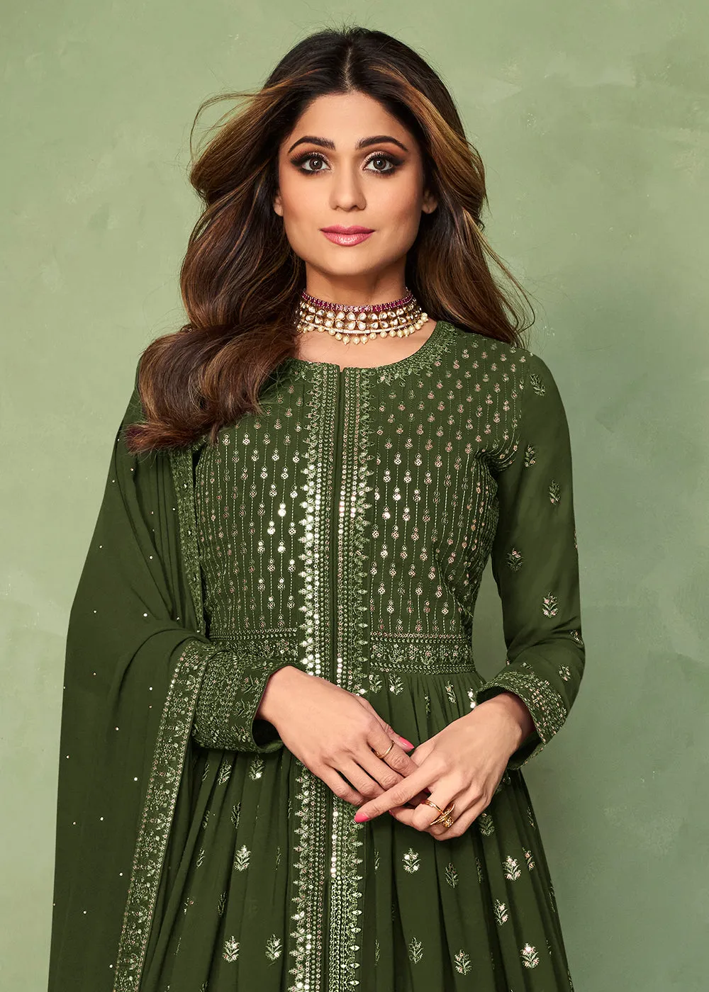 Olive Green Skirt Style Bridesmaids Anarkali Dress