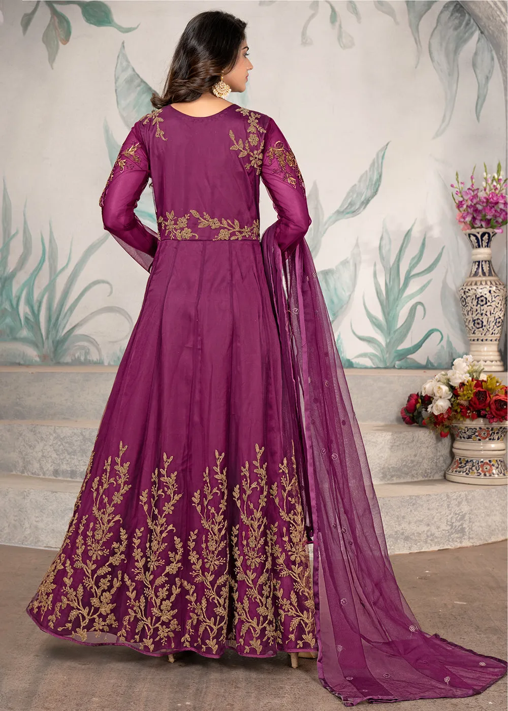 Party Style Purple Floral Zari Thread Embroidered Anarkali Suit