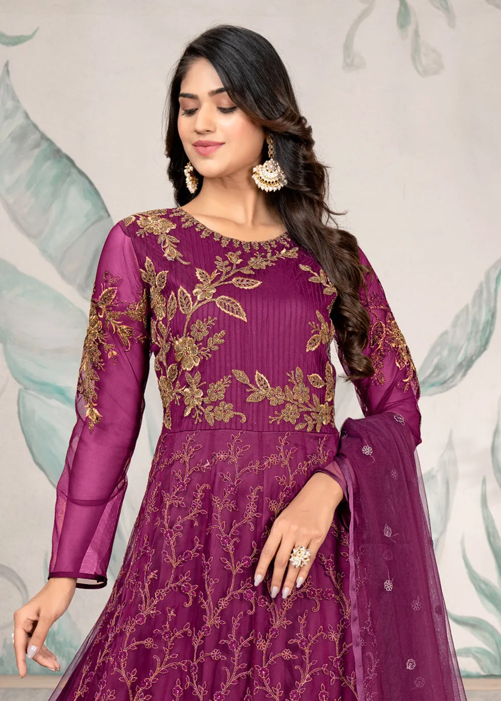 Party Style Purple Floral Zari Thread Embroidered Anarkali Suit