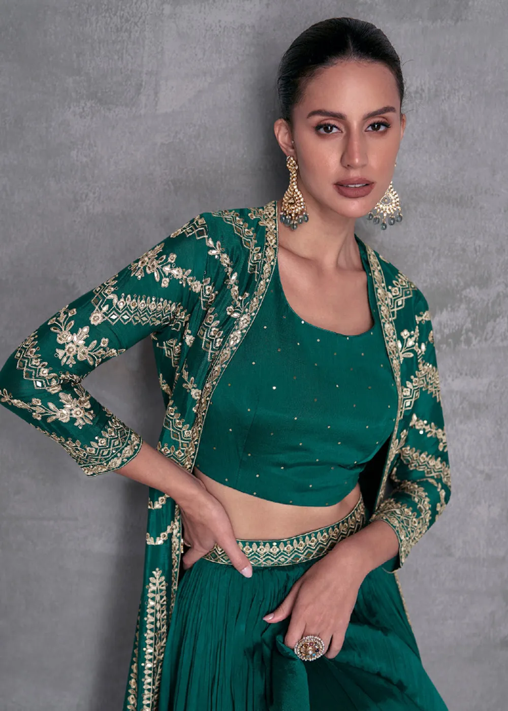 Pine Green Embroidered Jacket Style Indo Western Dress