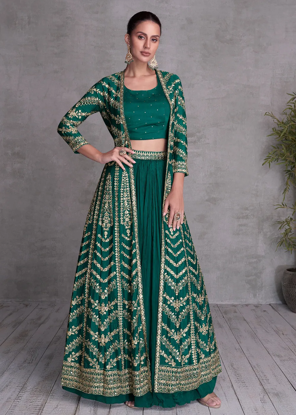 Pine Green Embroidered Jacket Style Indo Western Dress