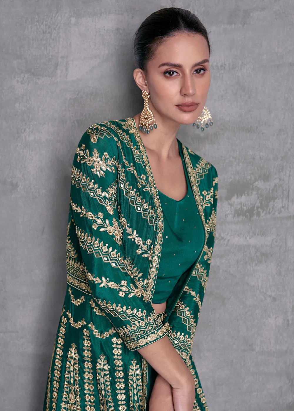 Pine Green Embroidered Jacket Style Indo Western Dress