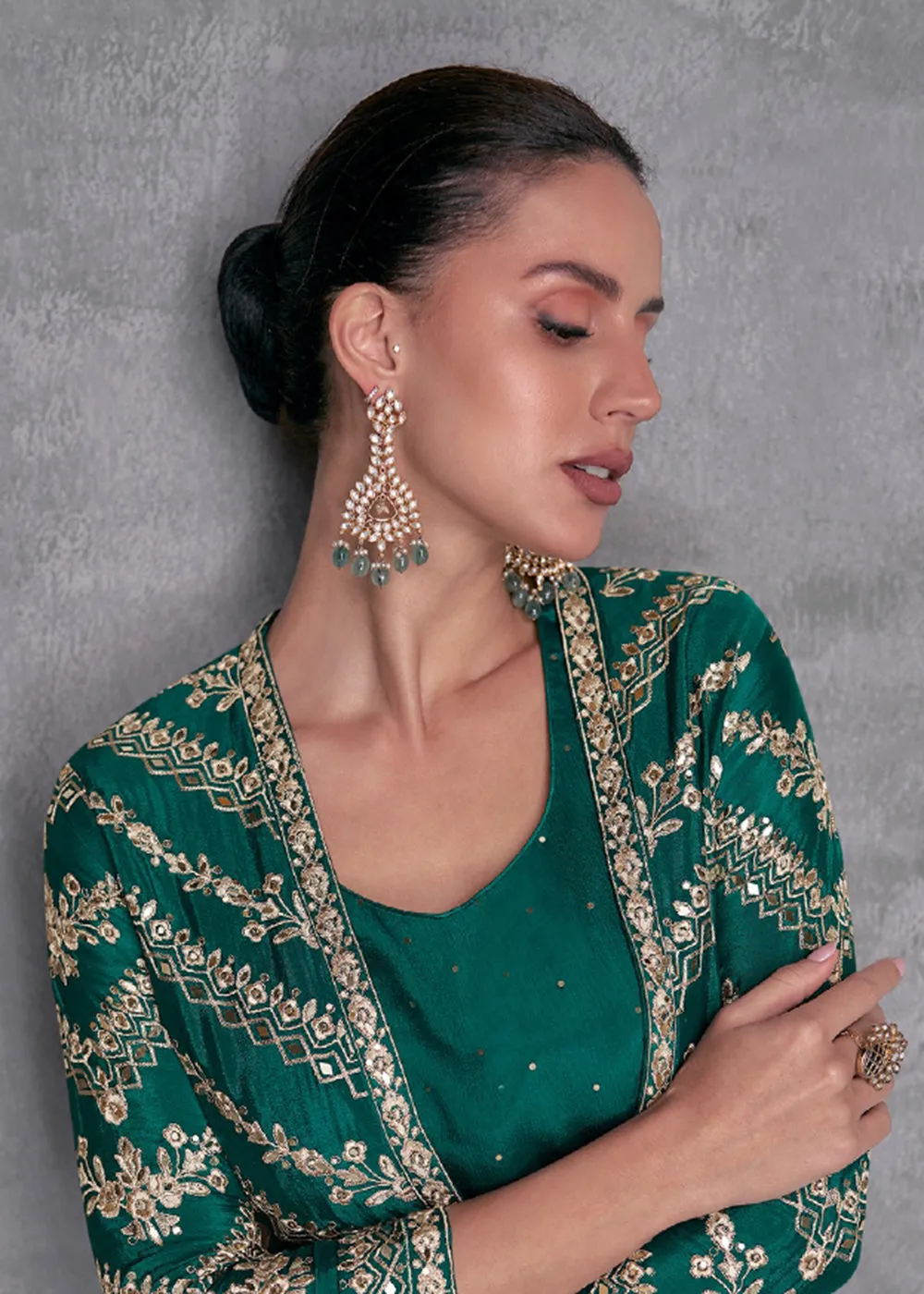 Pine Green Embroidered Jacket Style Indo Western Dress