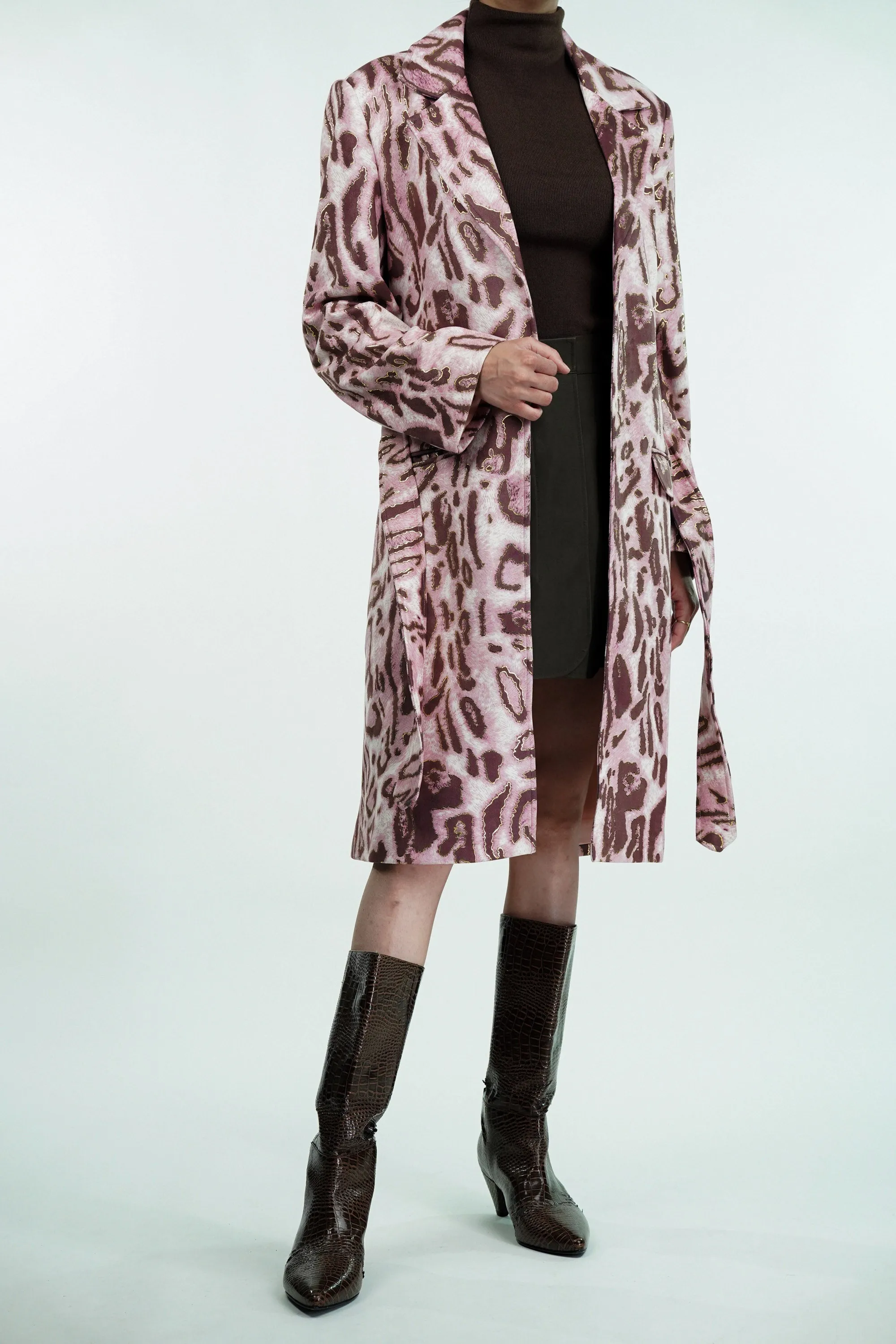 Pink Leopard Suede Trench Coat