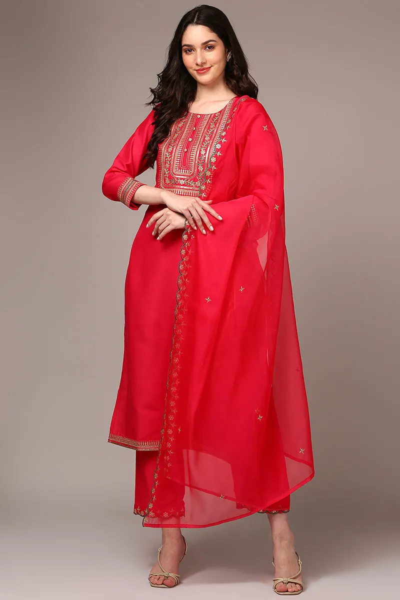 Pink Silk Blend Yoke Design Straight Suit Set