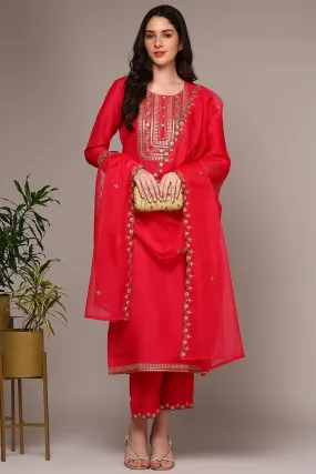 Pink Silk Blend Yoke Design Straight Suit Set