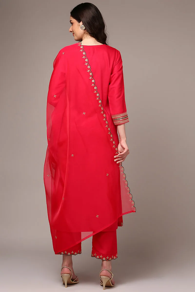 Pink Silk Blend Yoke Design Straight Suit Set