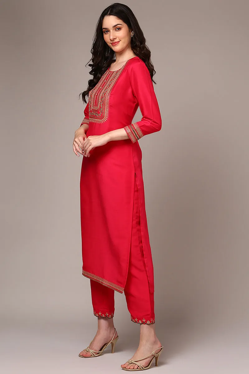 Pink Silk Blend Yoke Design Straight Suit Set