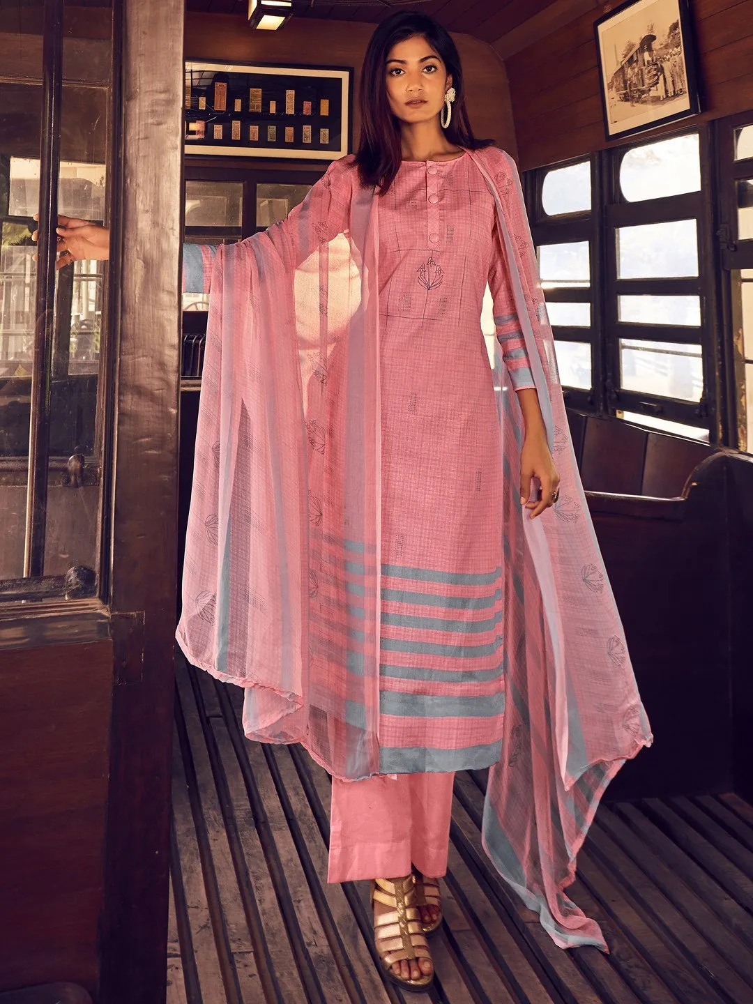 Pink Unstitched Cotton Suit Dress Material With Dupatta