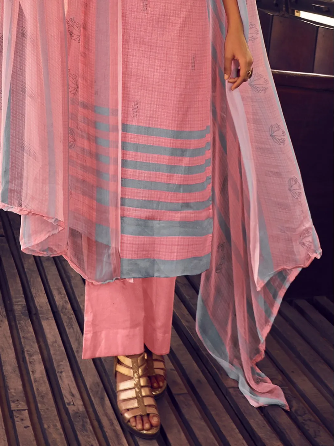 Pink Unstitched Cotton Suit Dress Material With Dupatta