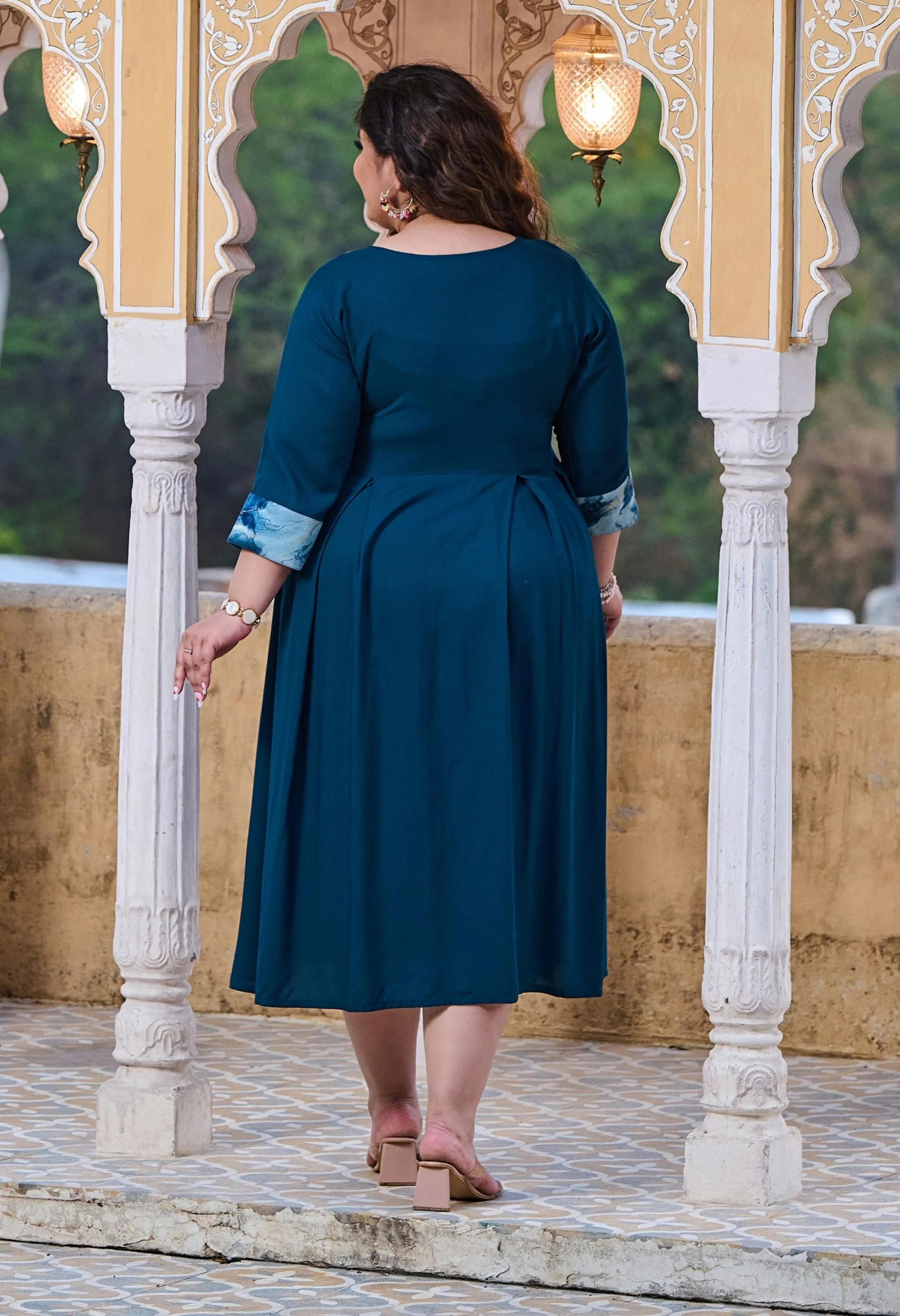 Plus Size Rustique Teal Ethnic Patch Dress