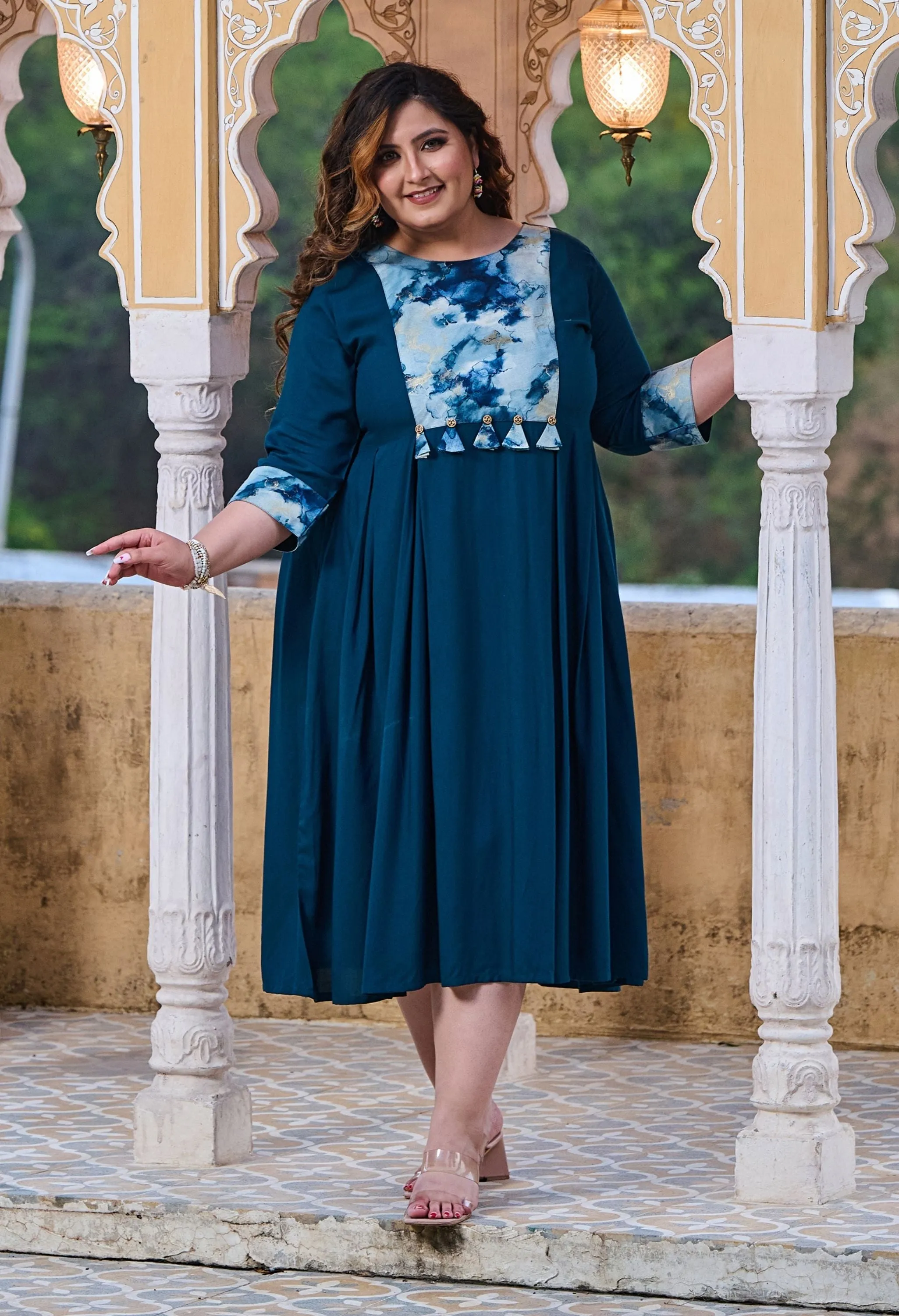 Plus Size Rustique Teal Ethnic Patch Dress