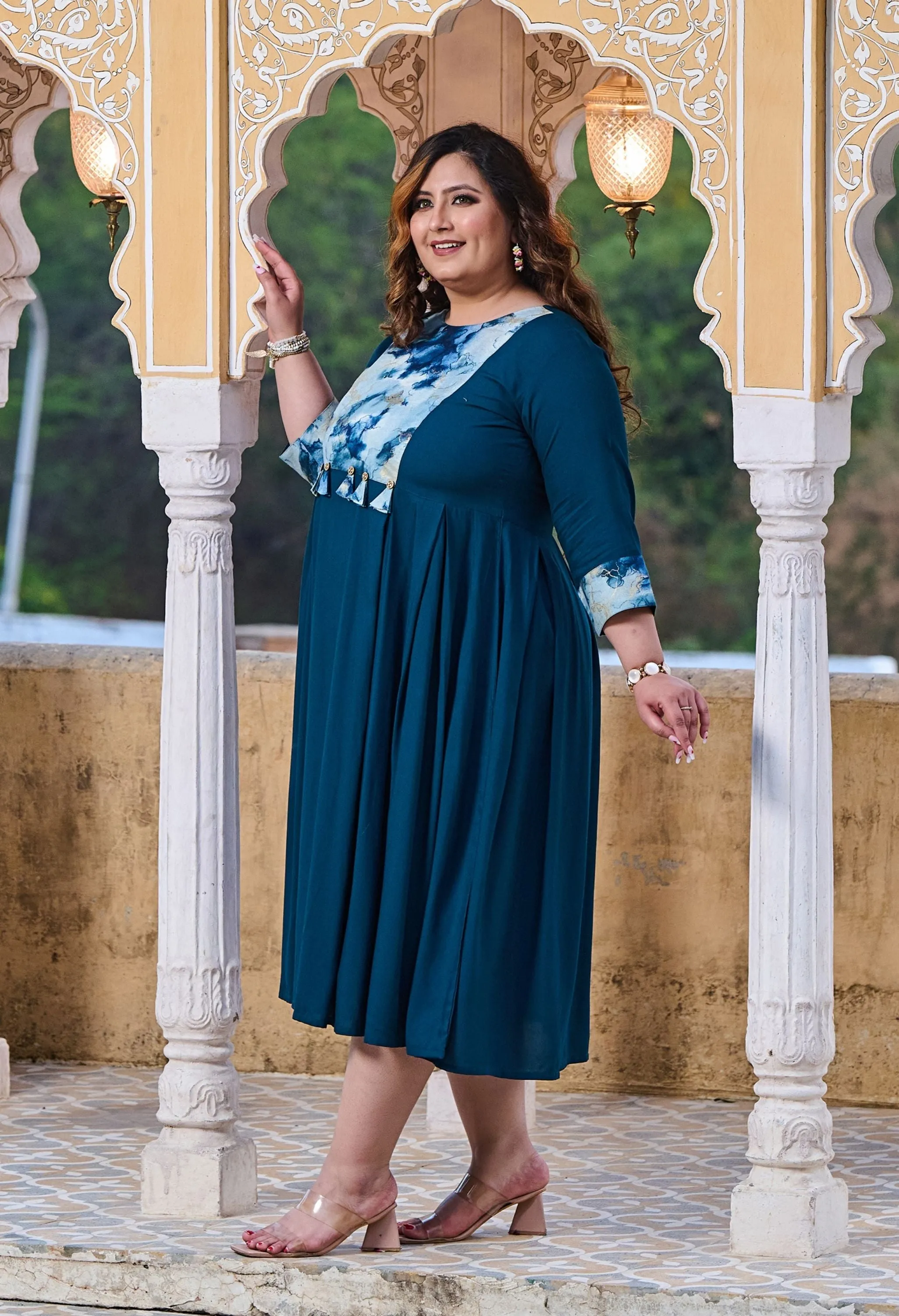 Plus Size Rustique Teal Ethnic Patch Dress