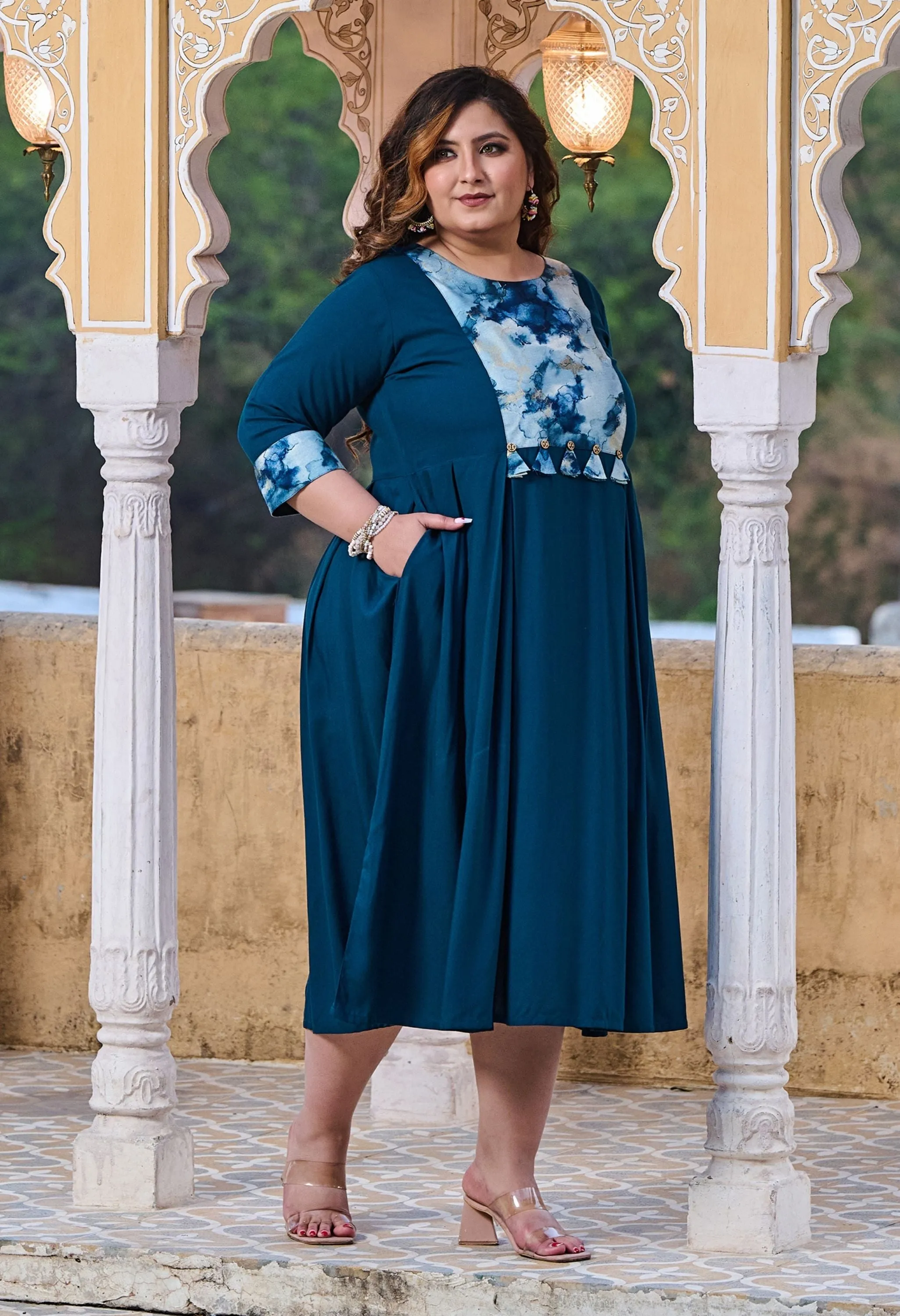 Plus Size Rustique Teal Ethnic Patch Dress