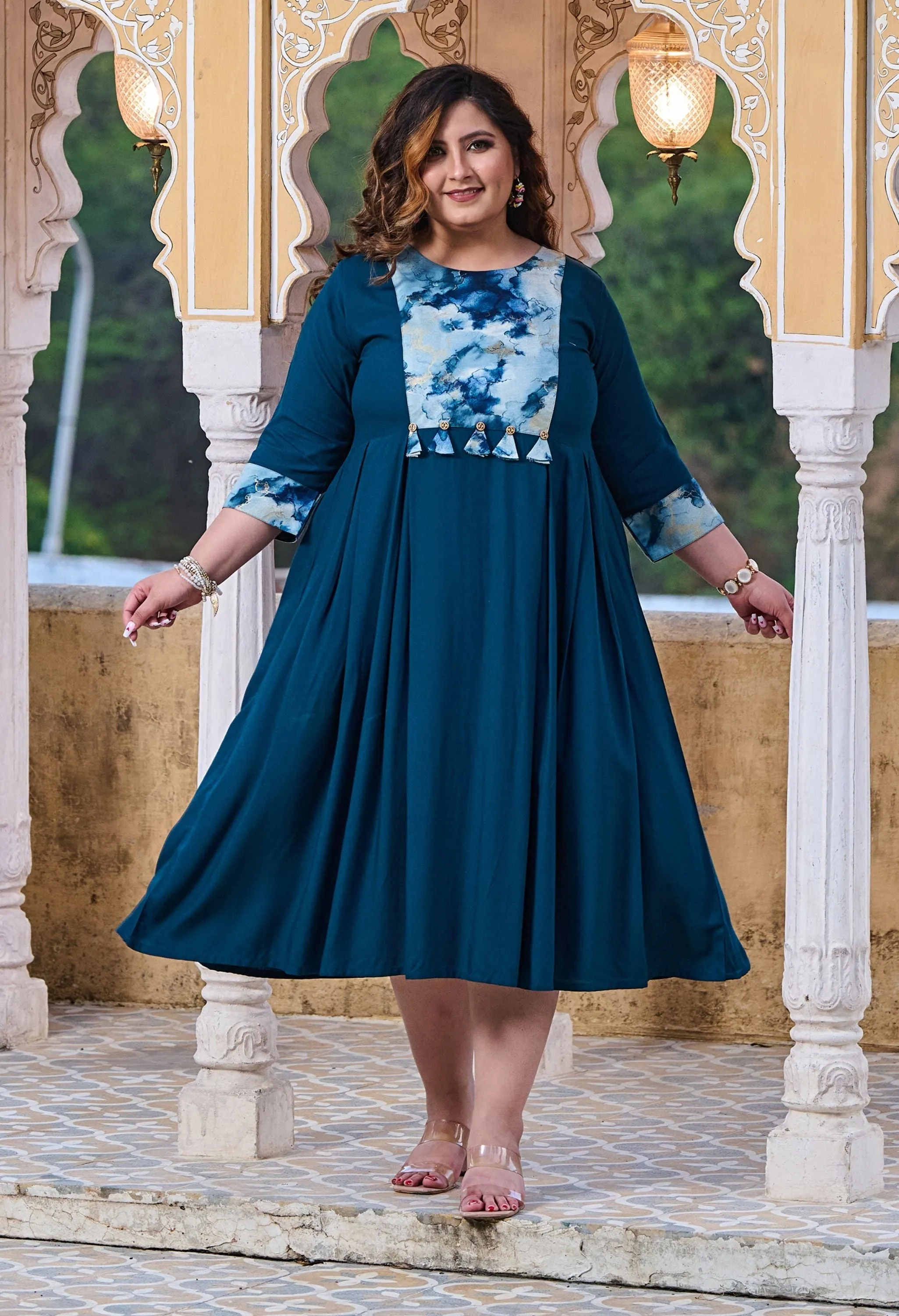 Plus Size Rustique Teal Ethnic Patch Dress