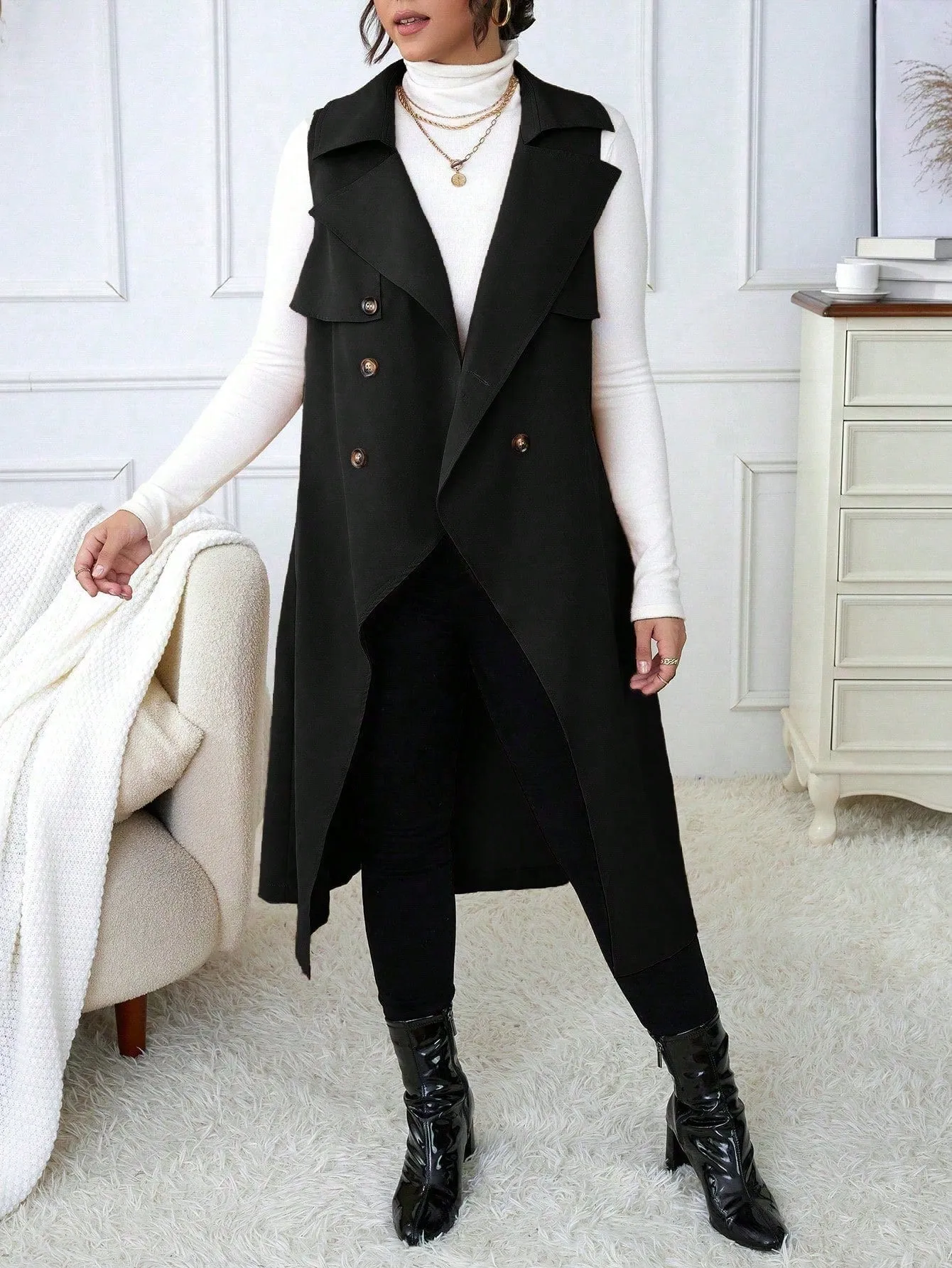 Plus Size Suit Collar Belted Vest Trench Coat